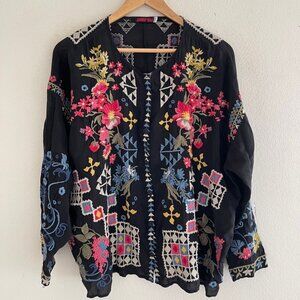 JOHNNY WAS Heavily Floral & Geometric Embroidered "Sybil" Black Top; One Size
